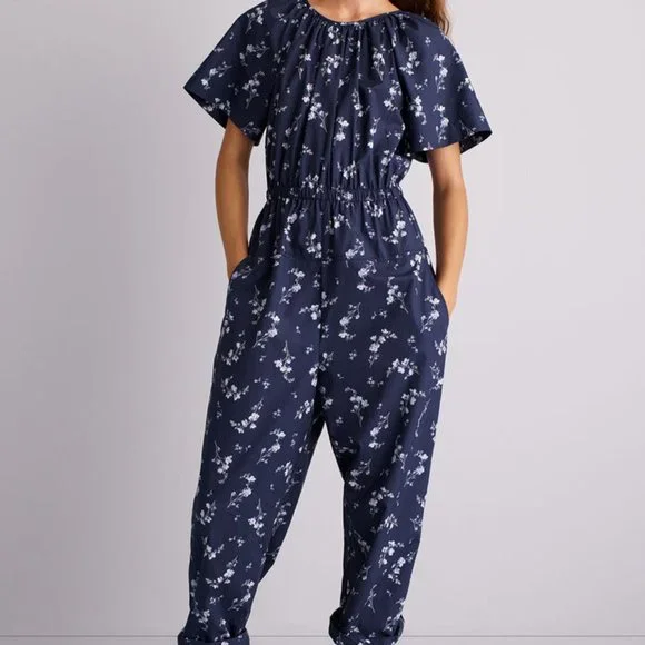 Rebecca Taylor Francine Floral Poplin Jumpsuit, Open Cape Back, Navy, Sz 6 - Picture 2 of 13